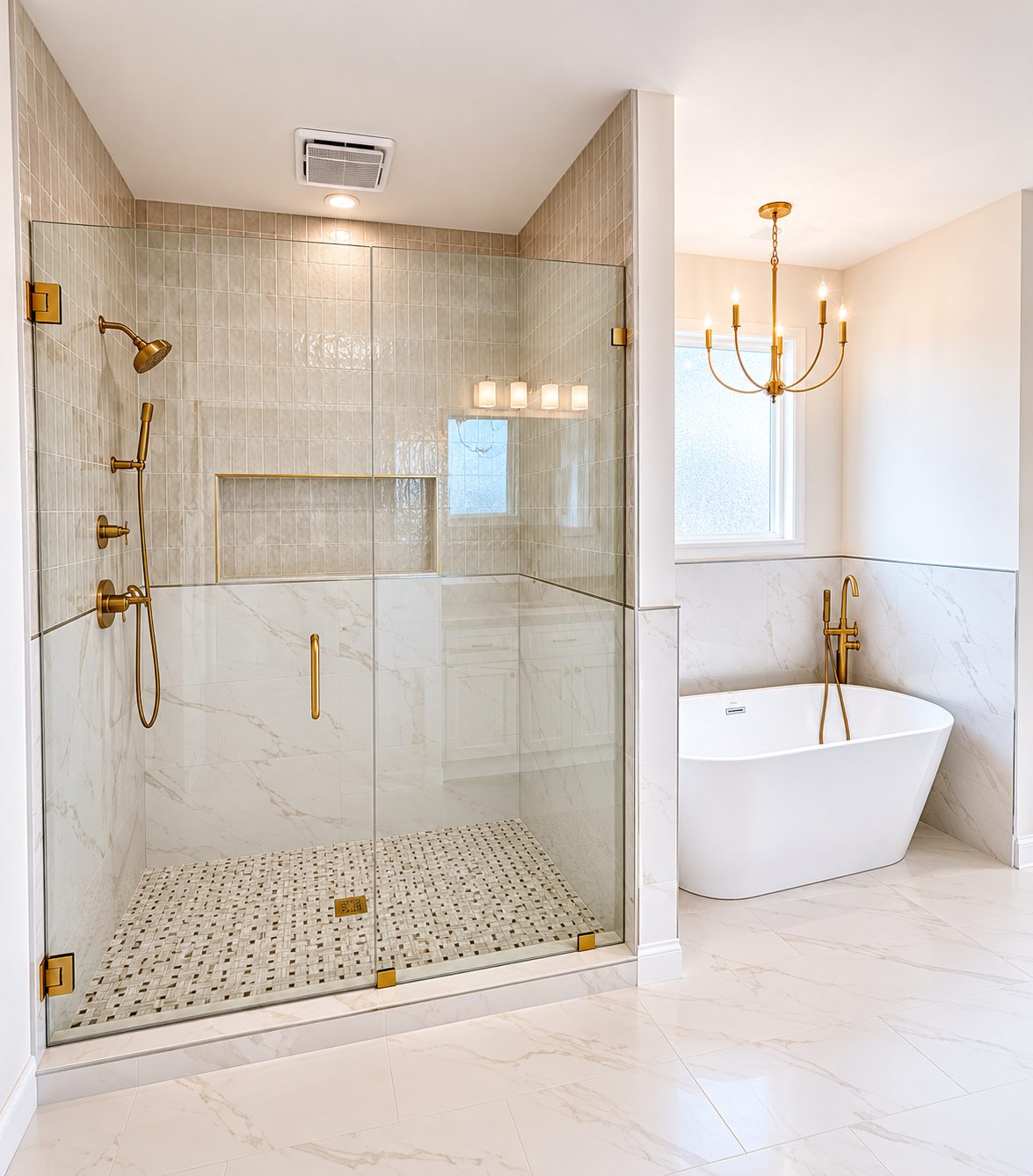 Primary bath with glass walk-in shower, freestanding tub, and brass fixtures