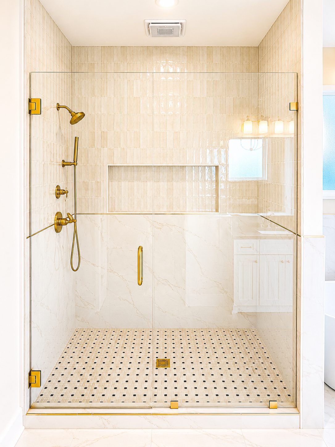 Glass walk-in shower with vertical cream tile, marble surround, and brass fixtures