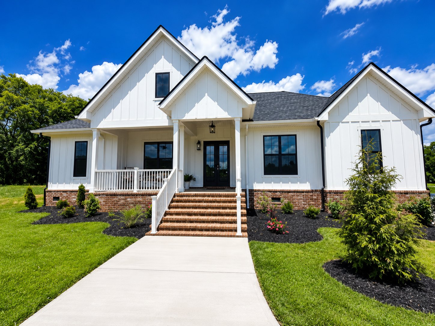 White modern farmhouse exterior with brick foundation, black windows, and covered front porch