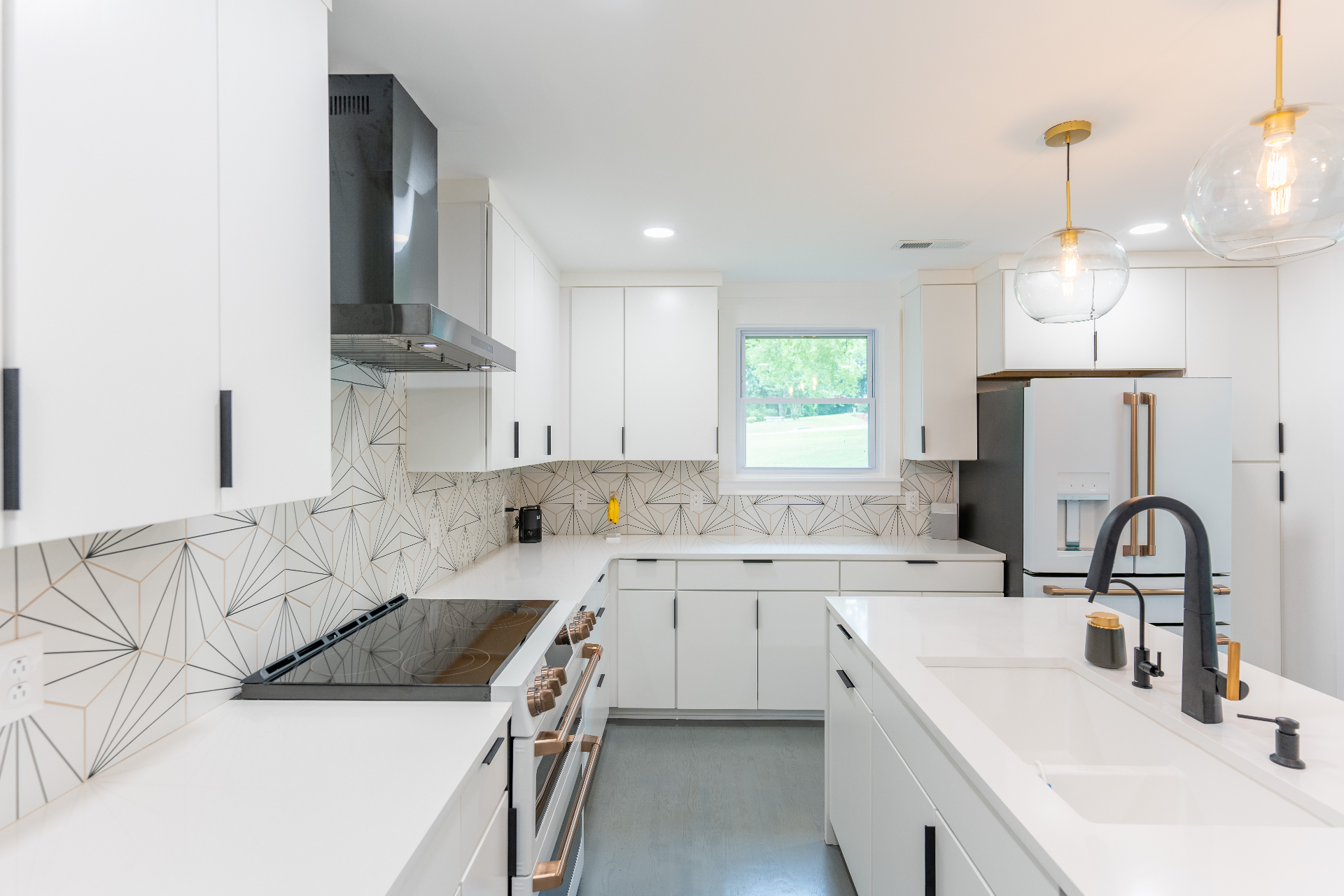 Quartz countertops, copper accents, and natural light
